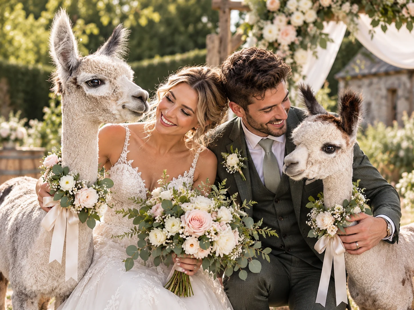 Bride and groom posing with two alpacas from Emily's Mini Farm