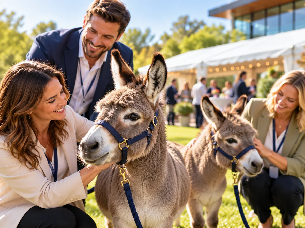 Miniature Mediterranean donkeys at a corporate event