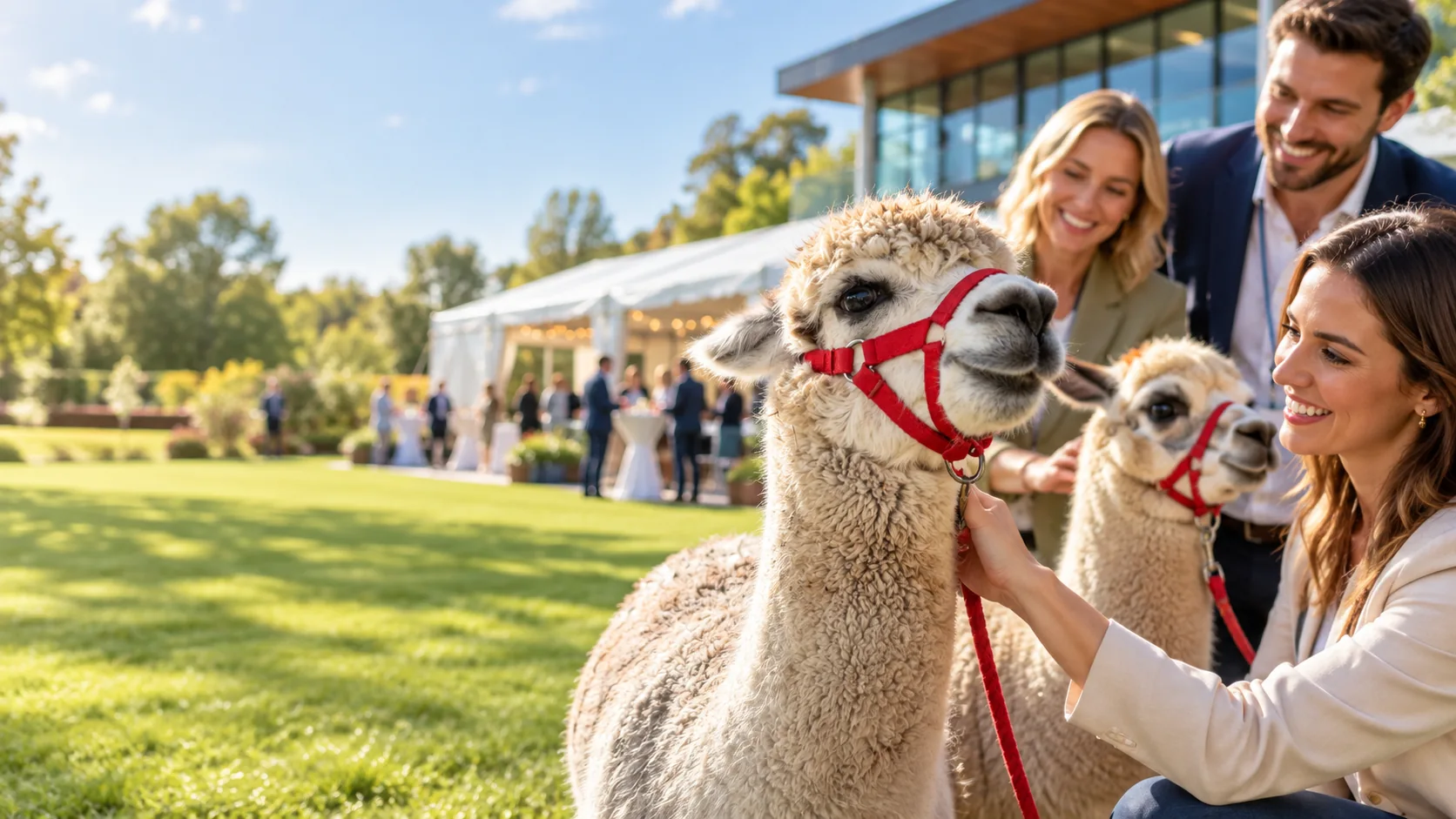 Guests meeting alpacas at a corporate event